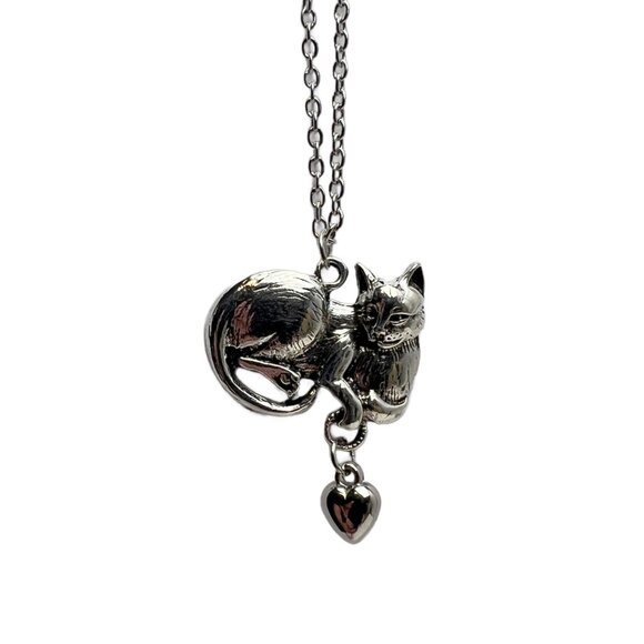 Cat Kitty Heart Pendant Necklace Shiny Silver Tone Oval Link Chain Lobster Clasp - Picture 1 of 7